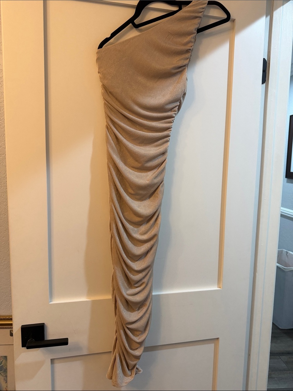 Asymmetrical One-Shoulder Ruched Beige Maxi dress